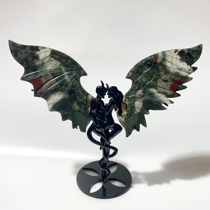 Africa Blood Stone Demon And Angel Wing Carving With Stand