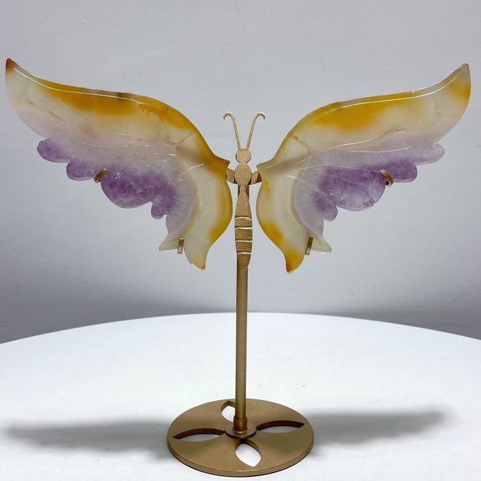 Agate Mixed Amethyst Butterfly Wing Carving With Stand