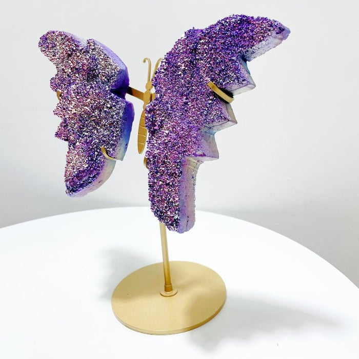 Beautiful Aura Quartz Cluster Butterfly Wing With Stand