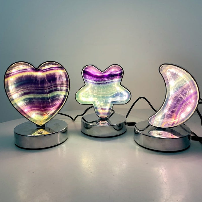 Beautiful Fluorite LED Table Lamp Flower Moon & Heart Shape