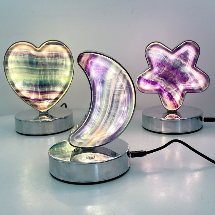 Beautiful Fluorite LED Table Lamp Flower Moon & Heart Shape