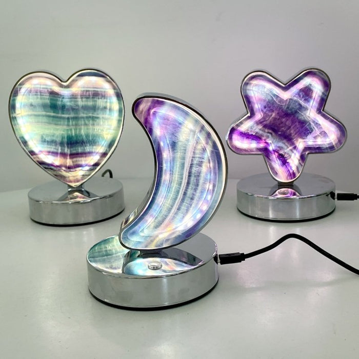 Beautiful Fluorite LED Table Lamp Flower Moon & Heart Shape