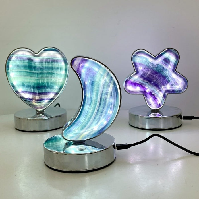 Beautiful Fluorite LED Table Lamp Flower Moon & Heart Shape