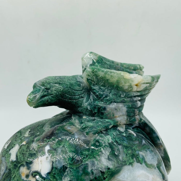 Beautiful Large Moss Agate Bird Skull Carving