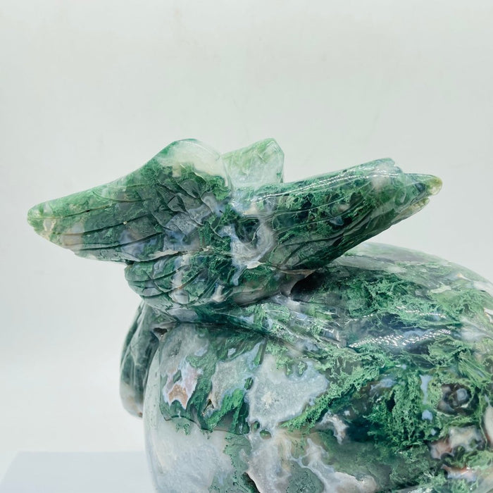 Beautiful Large Moss Agate Bird Skull Carving