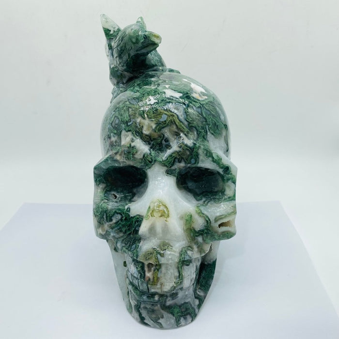 Beautiful Large Moss Agate Bird Skull Carving