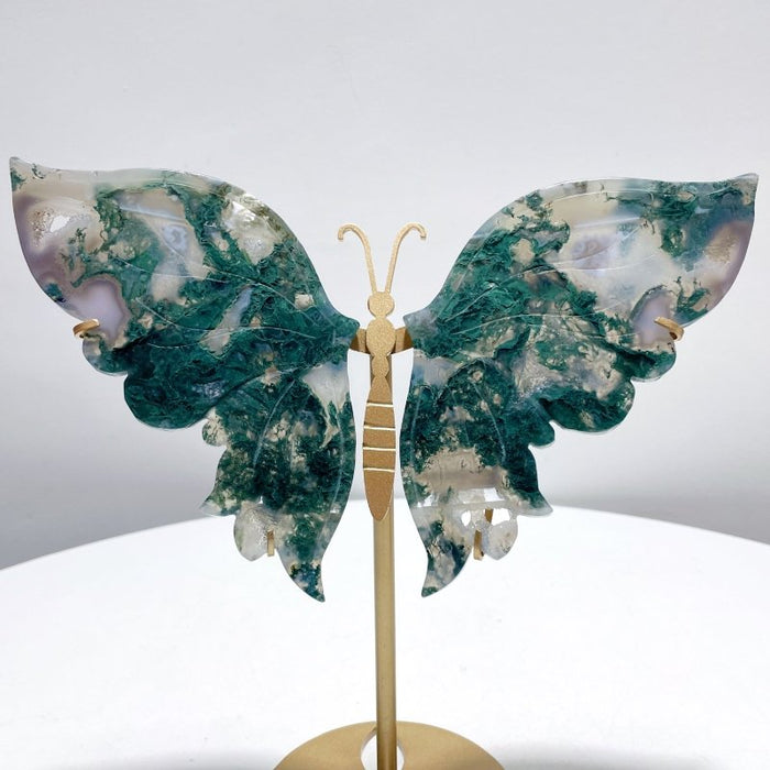 Beautiful Moss Agate Butterfly Wing With Stand