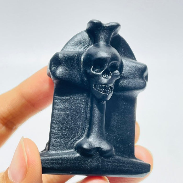 Black Obsidian Tombstone Skull Cross Carving Wholesale
