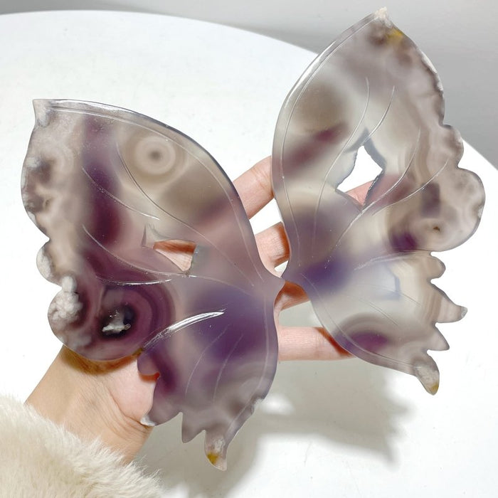 Black Sakura Flower Agate Butterfly Wing Carving With Stand