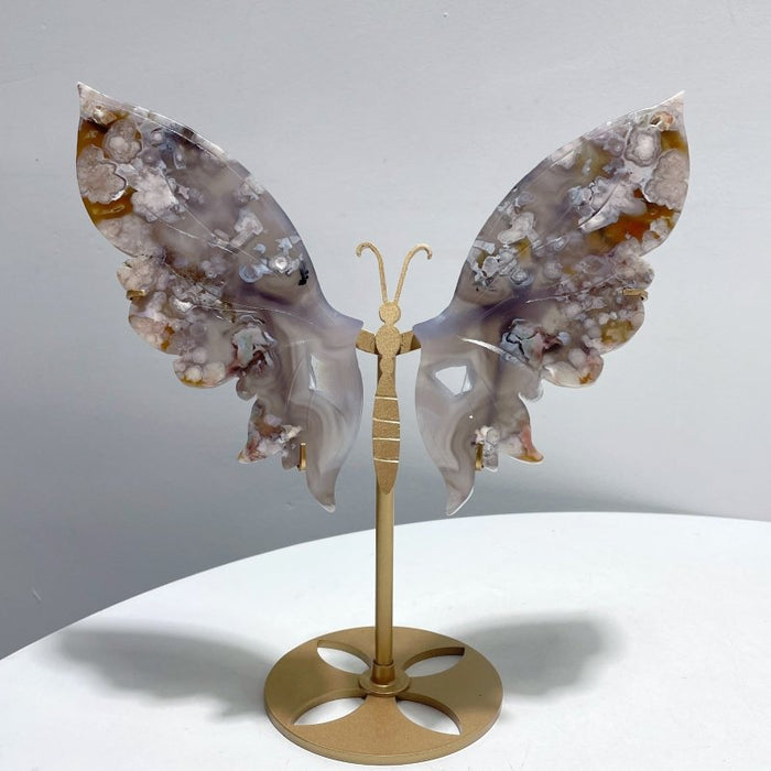 Black Sakura Flower Agate Butterfly Wing Carving With Stand