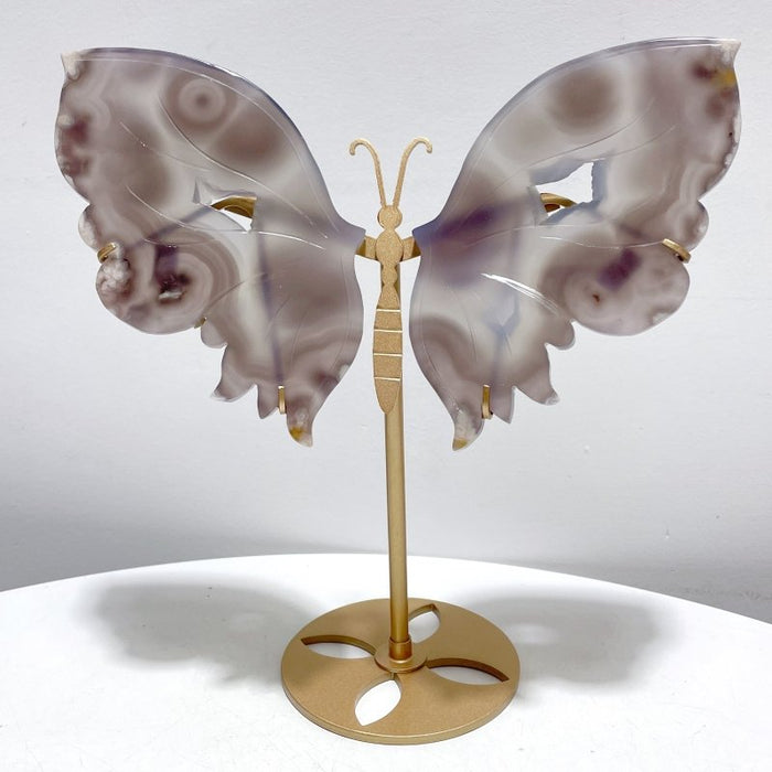 Black Sakura Flower Agate Butterfly Wing Carving With Stand