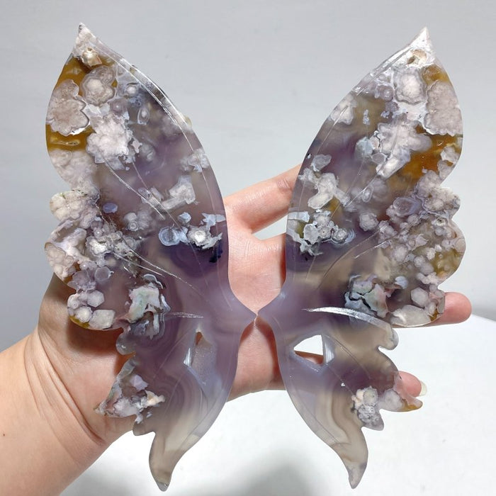 Black Sakura Flower Agate Butterfly Wing Carving With Stand