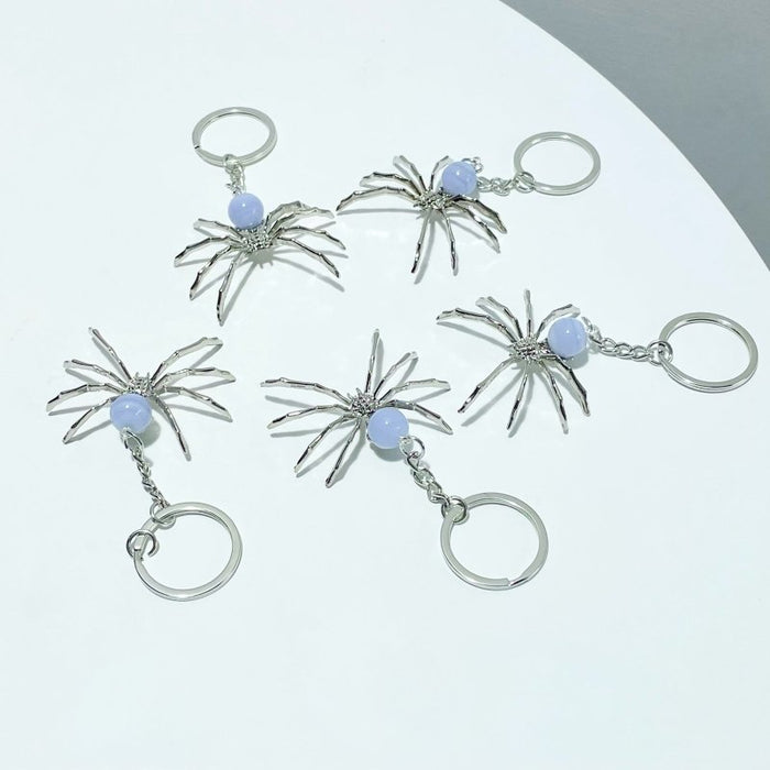 Blue Lace Agate Sphere Spider Ornament Handmade Alloy Keychain Wholesale