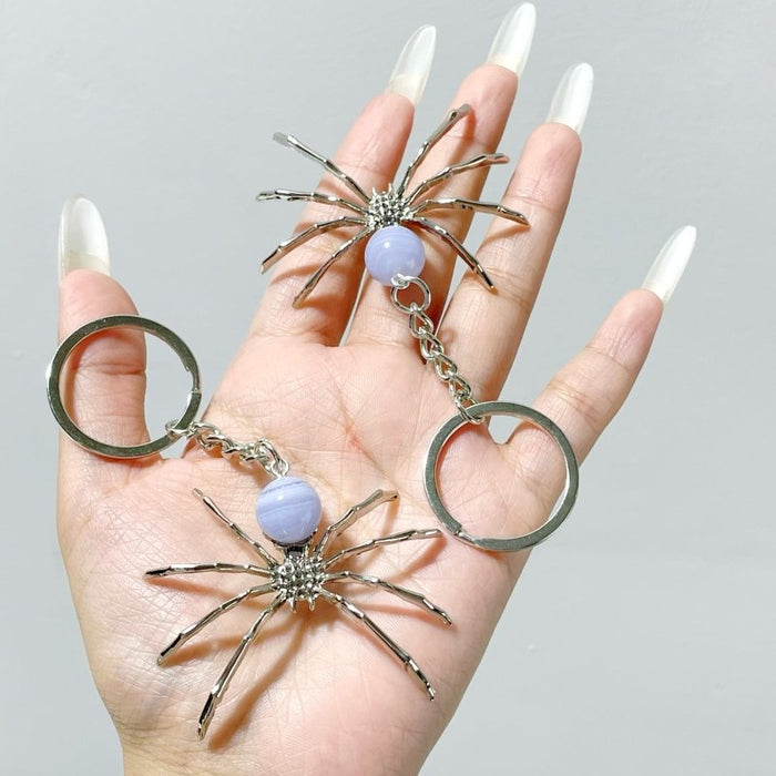Blue Lace Agate Sphere Spider Ornament Handmade Alloy Keychain Wholesale