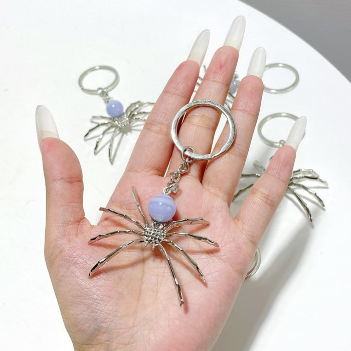 Blue Lace Agate Sphere Spider Ornament Handmade Alloy Keychain Wholesale