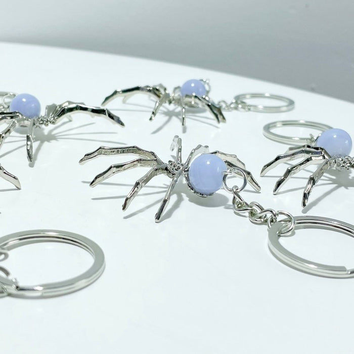 Blue Lace Agate Sphere Spider Ornament Handmade Alloy Keychain Wholesale