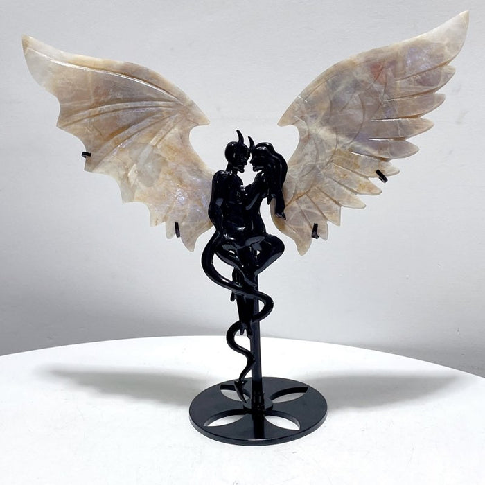 Blue Moonstone Demon And Angel Wing Carving With Stand