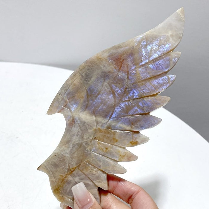 Blue Moonstone Demon And Angel Wing Carving With Stand
