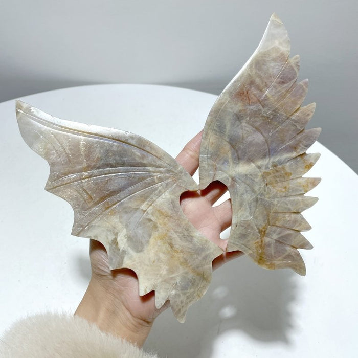 Blue Moonstone Demon And Angel Wing Carving With Stand