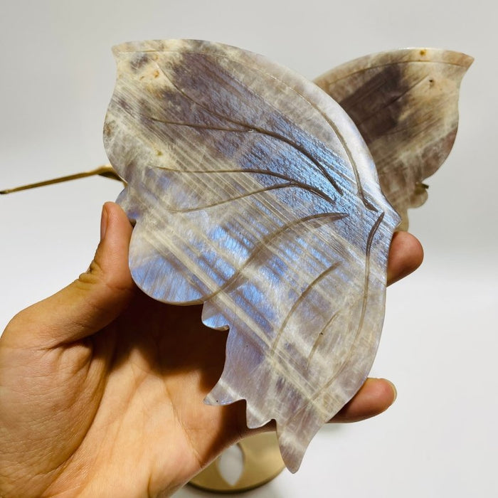 Blue Moonstone Mixed Sunstone Butterfly Carving With Stand