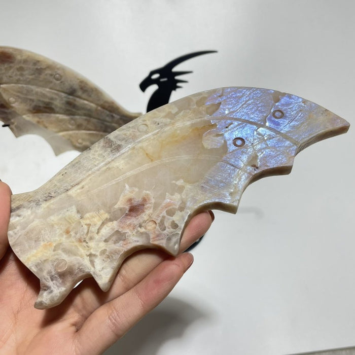 Blue Moonstone Mixed Sunstone Dragon Carving With Stand