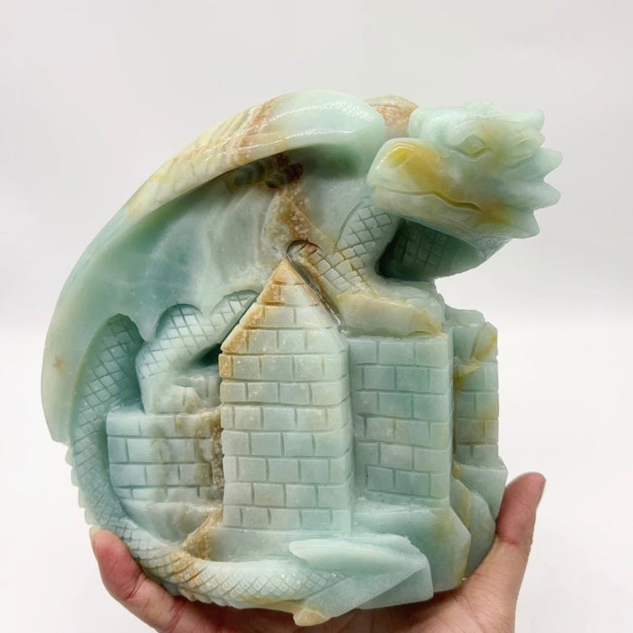Caribbean Calcite Flying Dragon With Castle Carving
