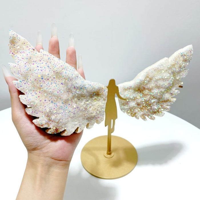 Colorful Aura Quartz Cluster Angel Wing Carving With Stand