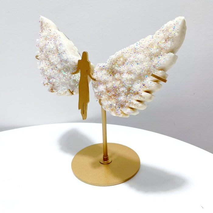 Colorful Aura Quartz Cluster Angel Wing Carving With Stand