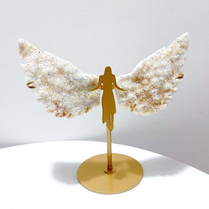 Colorful Aura Quartz Cluster Angel Wing Carving With Stand
