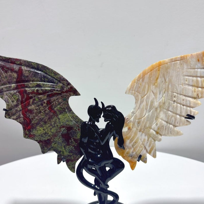 Coral Jade Dragon Blood Stone Demons Angel And Wing Carving With Stand