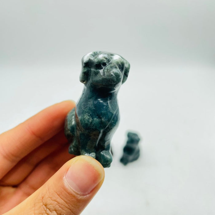 Cute Moss Agate Dog Carving Wholesale