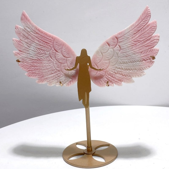 Cute Pink Opal Angel Wing Carving With Stand
