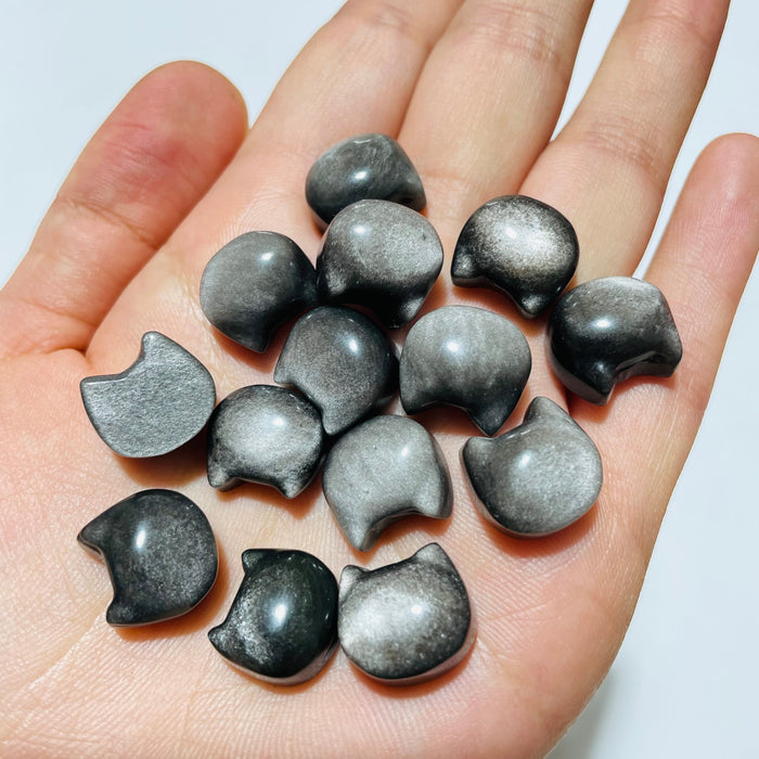 Mini Gold&Silver Sheen Obsidian Cat Head Shape Carving Wholesale