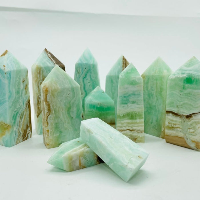 Fat Green Calcite Four-Sided Tower Points Wholesale