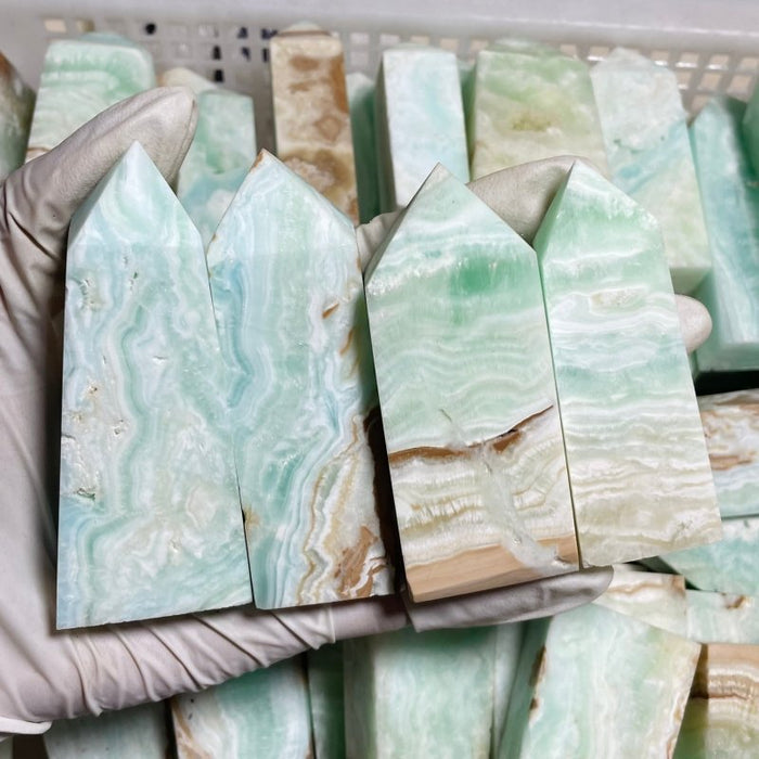 Fat Green Calcite Four-Sided Tower Points Wholesale