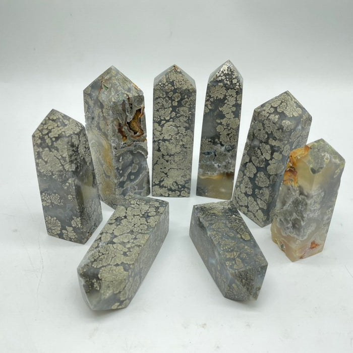 Flower Pyrite Mixed Agate Four-Sided Tower Point Wholesale