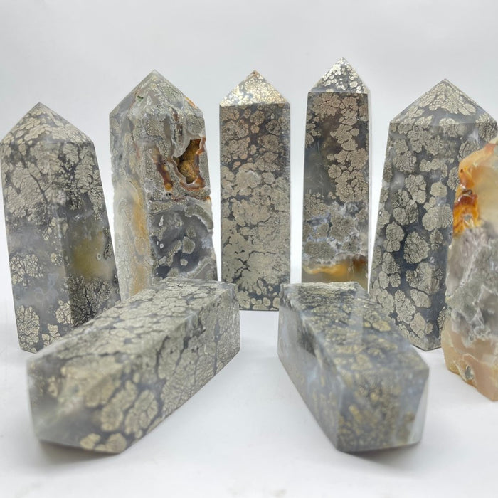 Flower Pyrite Mixed Agate Four-Sided Tower Point Wholesale