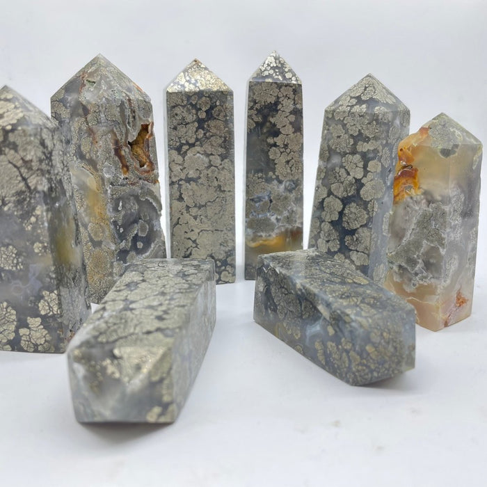 Flower Pyrite Mixed Agate Four-Sided Tower Point Wholesale
