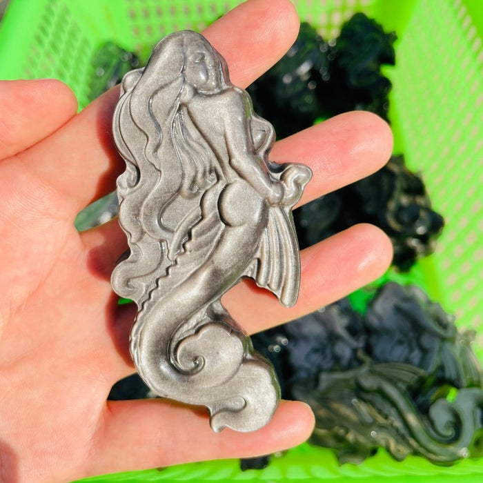 Gold&Silver Sheen Obsidian Mermaid Carving Wholesale