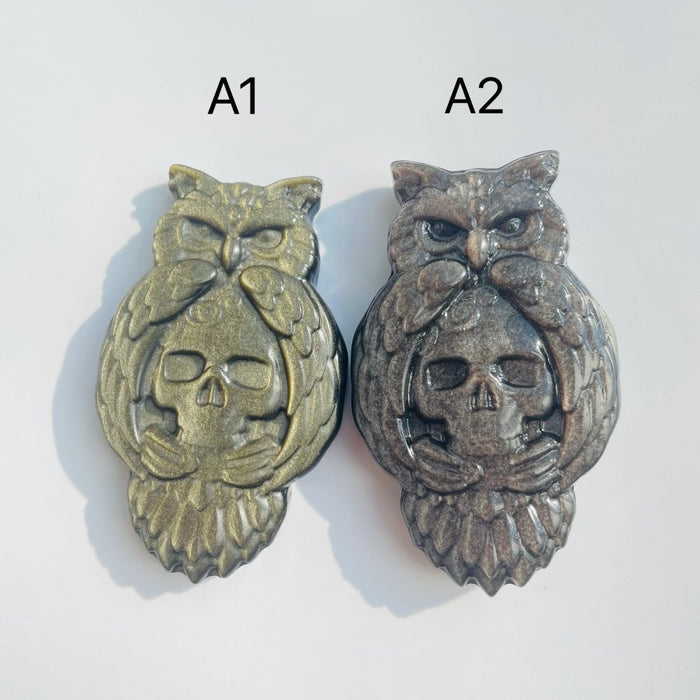 Gold&Silver Sheen Obsidian Owl Skull Carving Wholesale