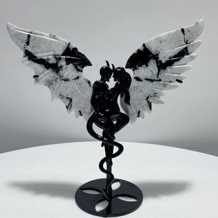 India Moonstone Angel And Demons Wing Carving With Stand