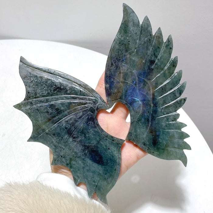 Labradorite Demon And Angel Wing Carving With Stand