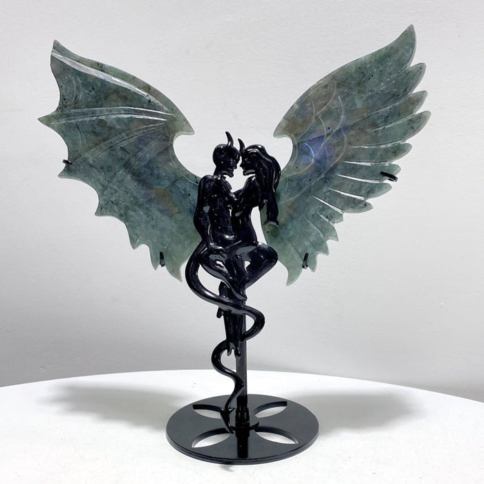 Labradorite Demon And Angel Wing Carving With Stand