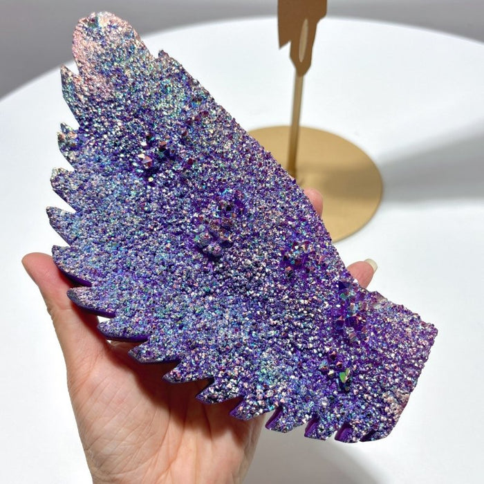 Large Aura Quartz Cluster Angel Wing Carving With Stand