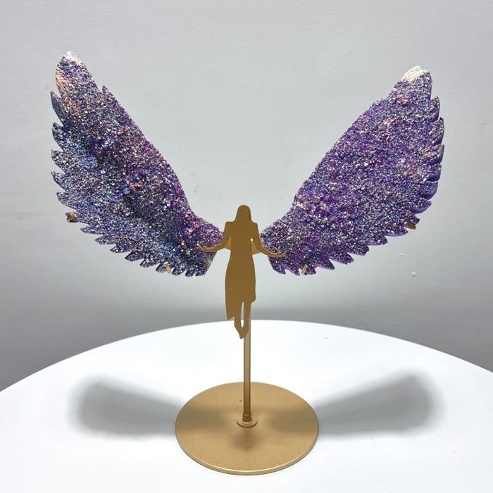 Large Aura Quartz Cluster Angel Wing Carving With Stand