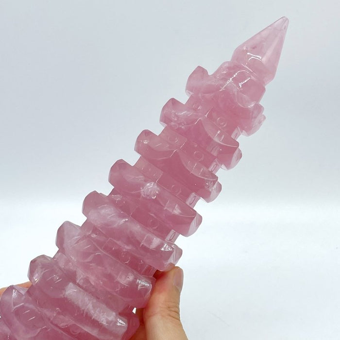 Large Beautiful Rose Quartz Wenchang Tower 9-level Pagoda