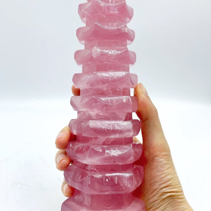 Large Beautiful Rose Quartz Wenchang Tower 9-level Pagoda