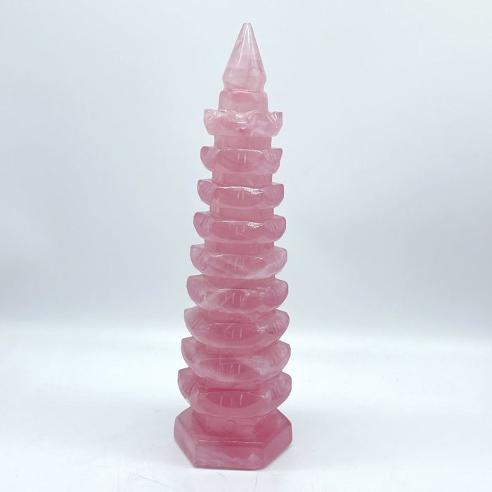 Large Beautiful Rose Quartz Wenchang Tower 9-level Pagoda