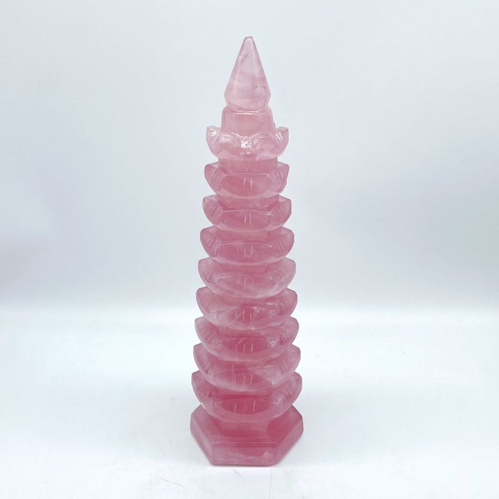 Large Beautiful Rose Quartz Wenchang Tower 9-level Pagoda