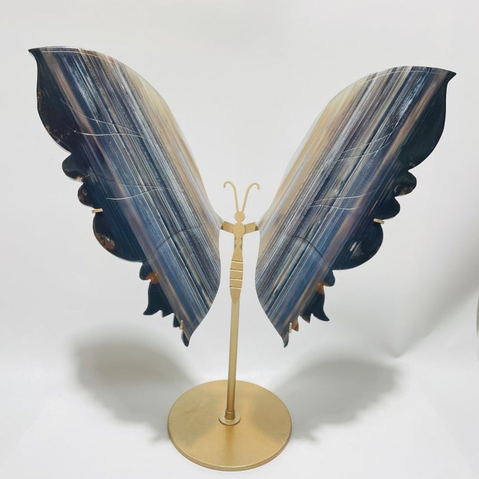 Large Blue Stripe Agate Symmetry Butterfly Carving With Stand